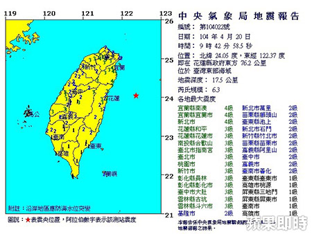 最新!東部外海地震 規模6.3